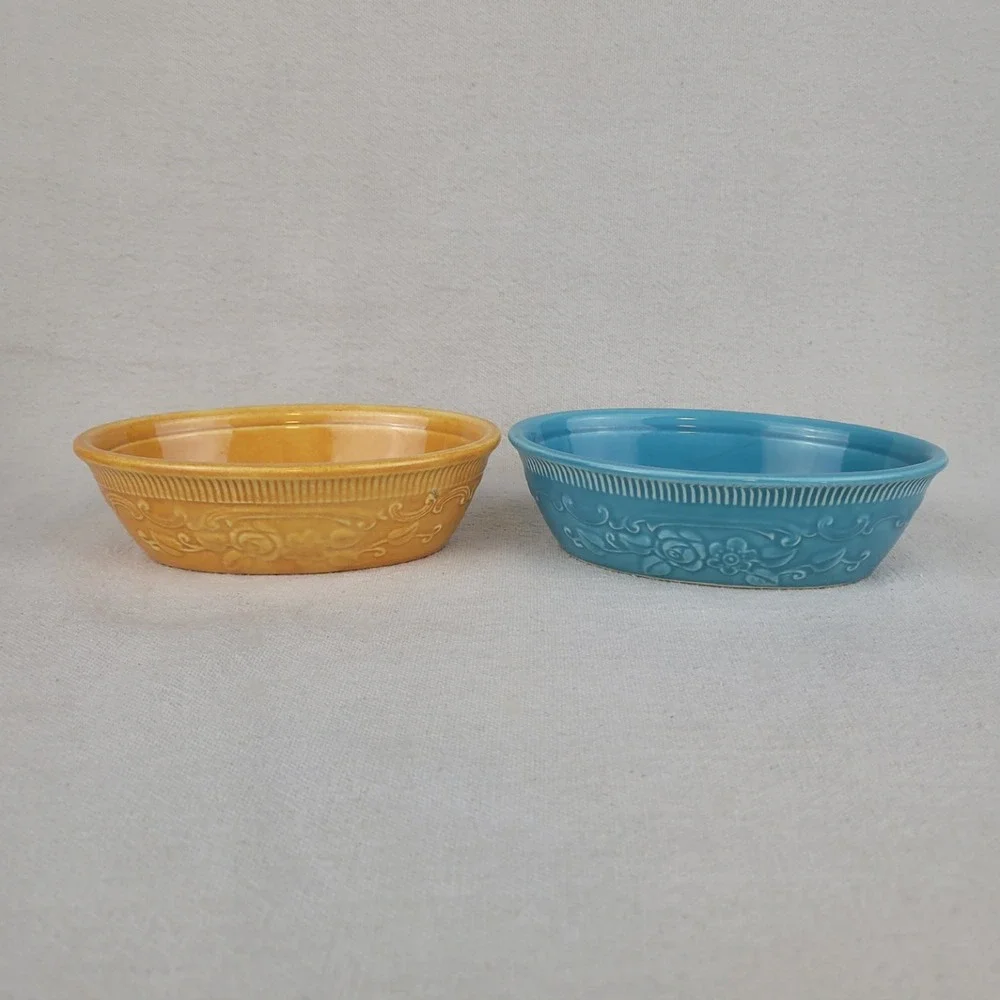 Vintage Homer‎ Laughlin Oven Serve Oval Casserole Dishes Blue Yellow Set of 2